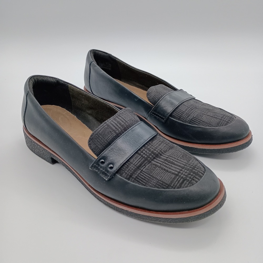 Clarks Womens Black Leather Plaid Penny Loafers Slip On Shoes 9.5M